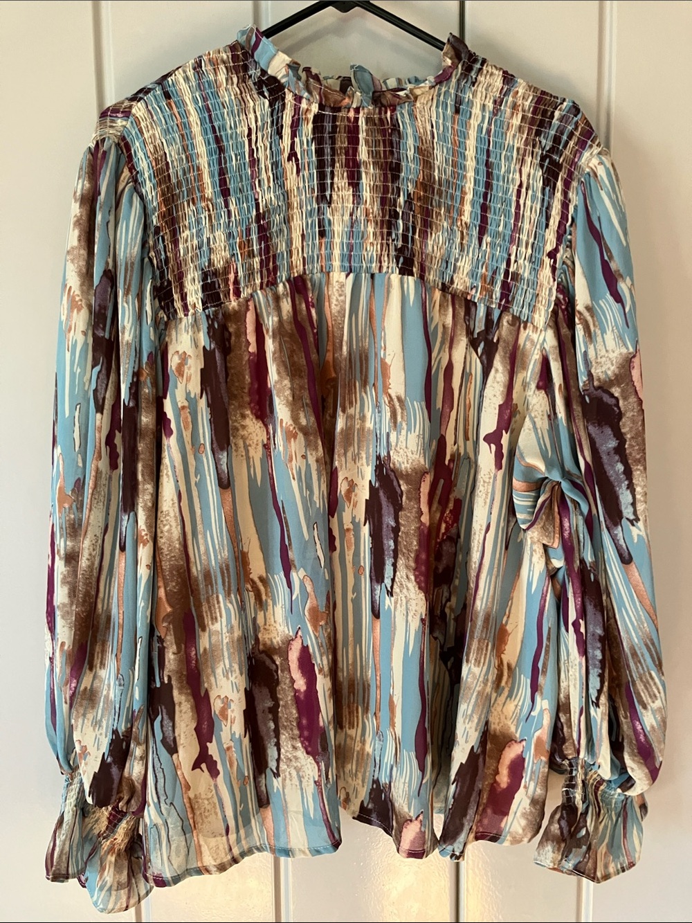 entro Multicolor Smocked Yoke Blouse in Blue, Brown & Purple